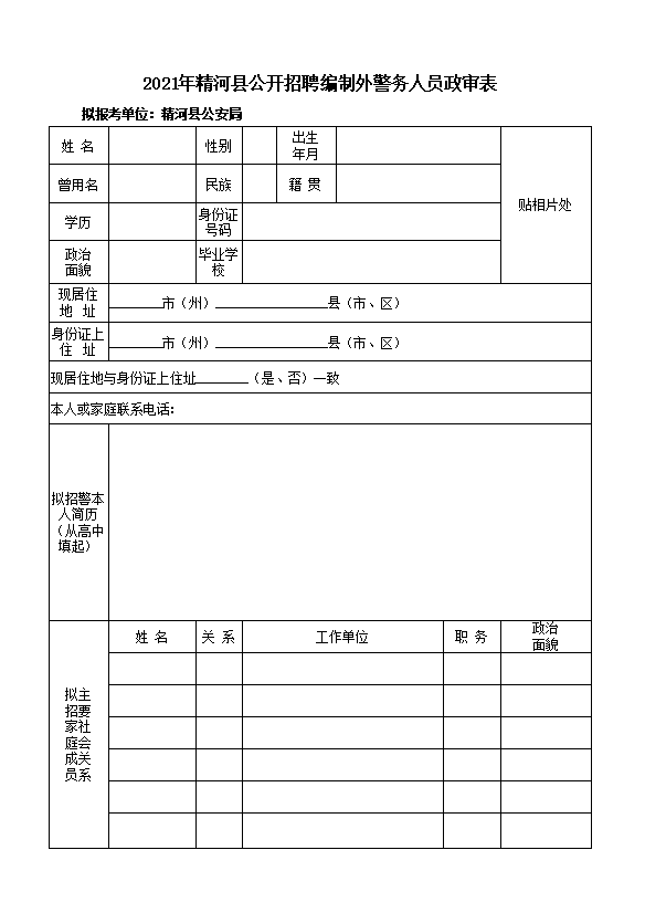 精河县辅警招聘政审表